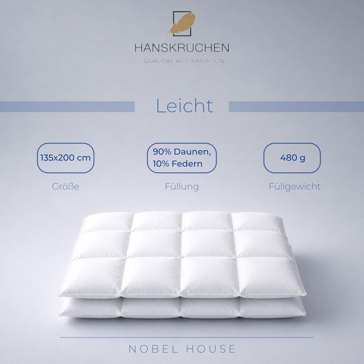 Hanskruchen Nobel House Luxus Daunendecke, Leicht, 90% Daunen / 10% Federchen, 135 x 200 cm, 135 x 2