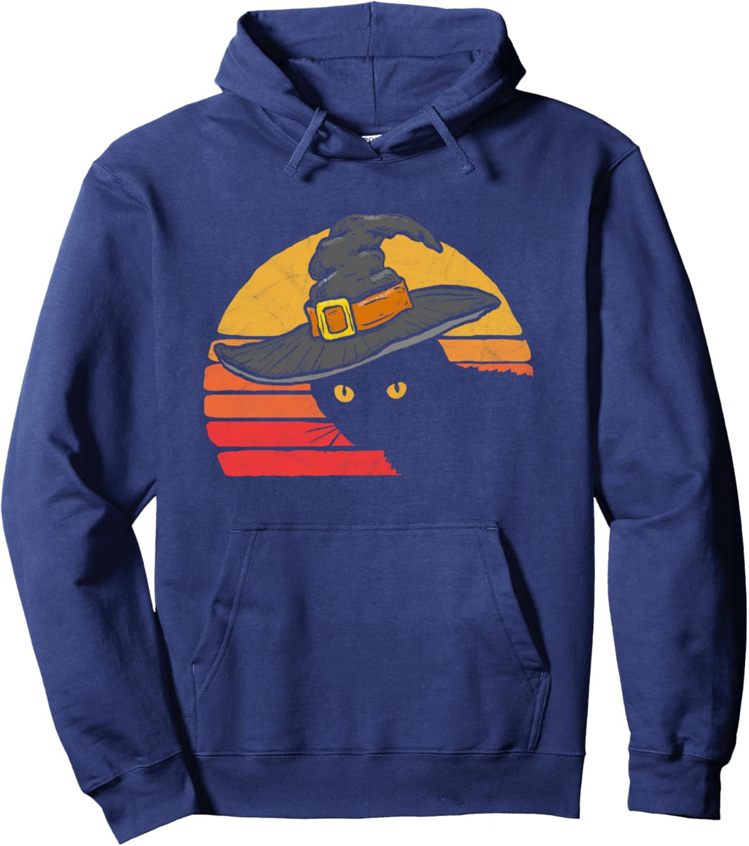 Funny Black Cat in Witch Hat Vintage Sunset Halloween Pullover Hoodie