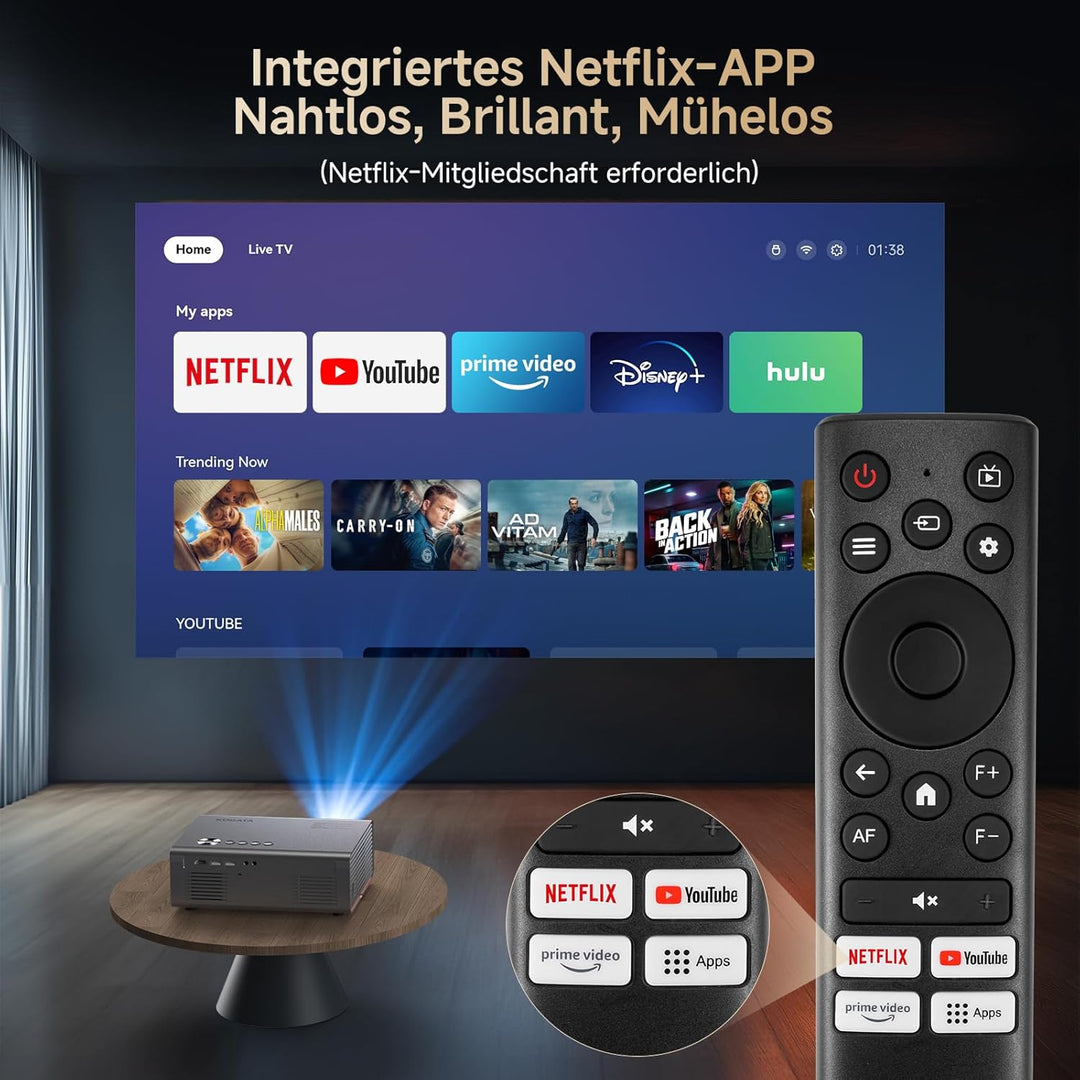 4K Smart Beamer mit integrierter Netflix-App, Kinoähnlichem Sound & HDR | KOGATA Auto-Fokus, 6D Keys