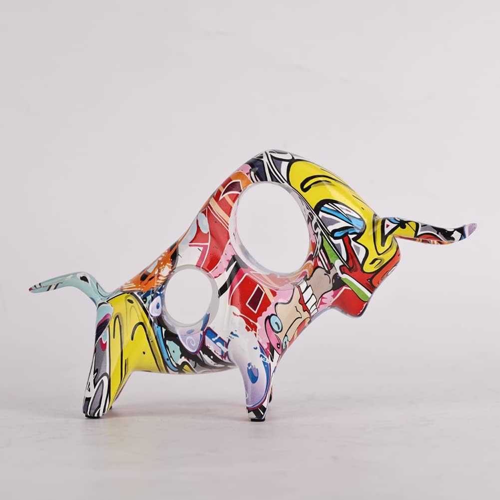 Graffiti-Bullen-Statue aus Kunstharz, Vollfarbige Stierfigur, Originalität, abstrakte Stier-Skulptur