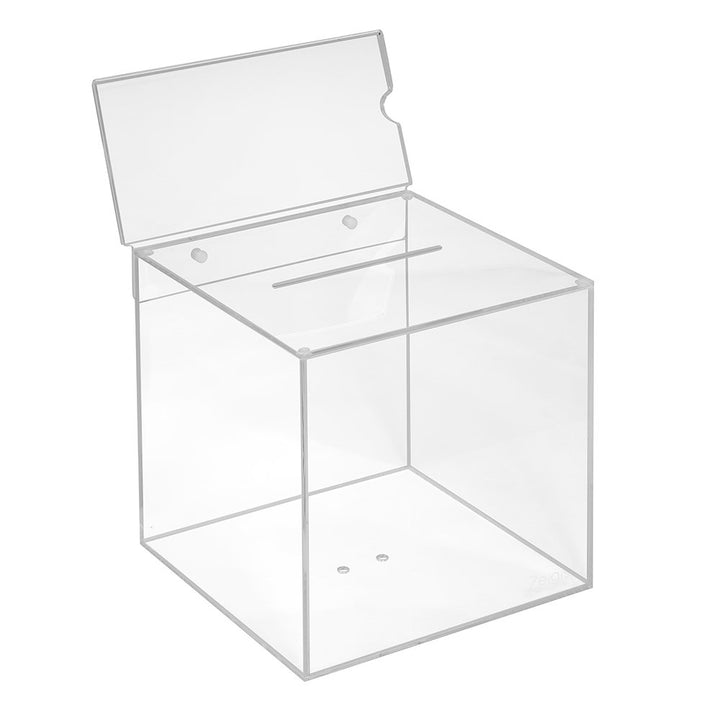 Losbox aus Acrylglas in 200x200x200mm mit Topschild DIN Lang Quer - Zeigis® / Spendenbox/Aktionsbox/
