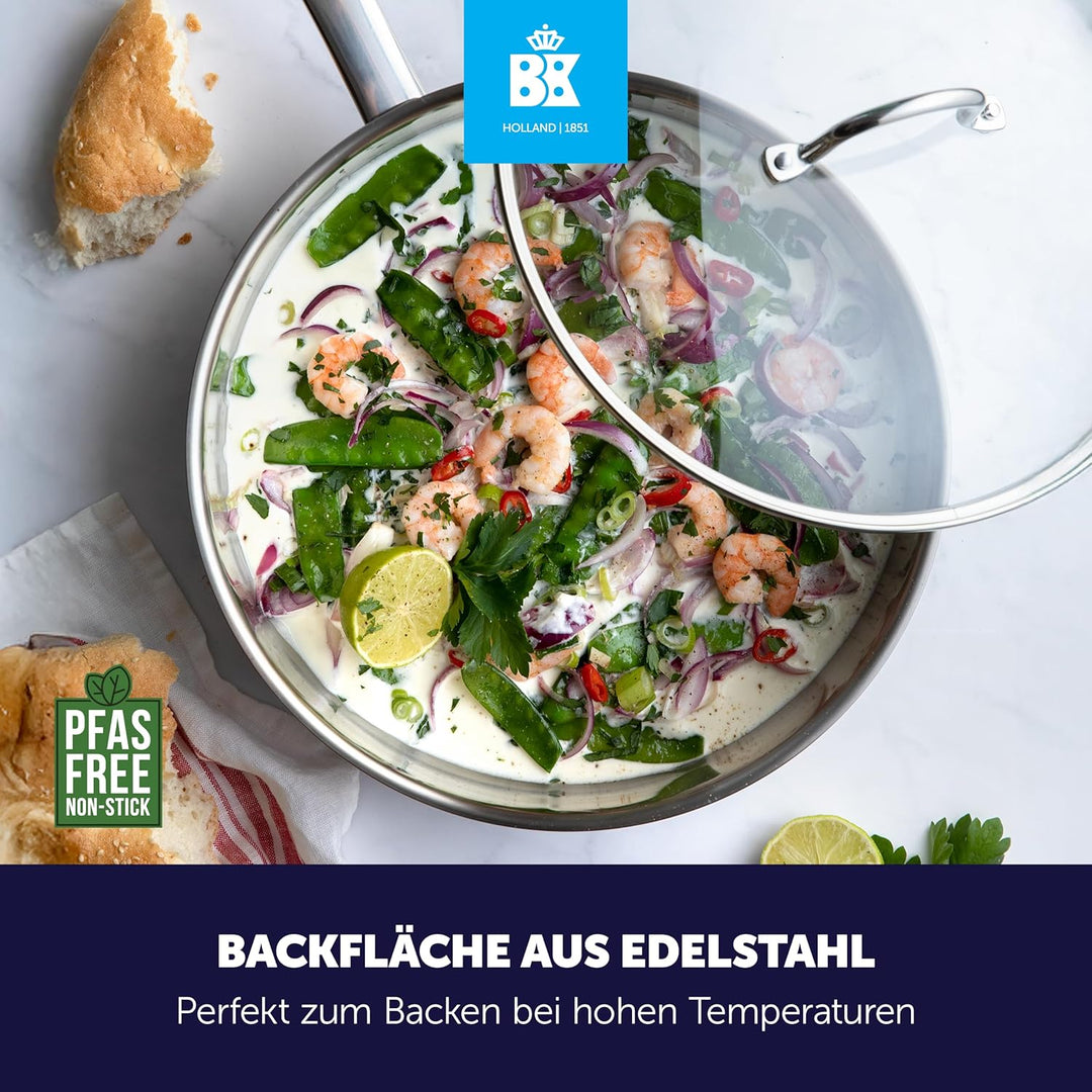 BK Bright 18/10 Edelstahl Schmorpfanne Ø 28 cm Mit Deckel,Hoher Rand, Professionelles Kochen, Unbesc