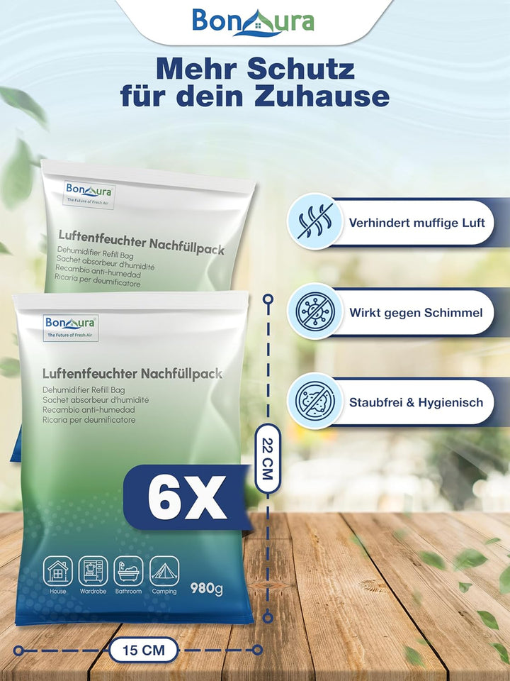 BonAura® AirOne Max Luftentfeuchter Nachfüllpack I 6er Set 980g Luftentfeuchter Granulat I Entfeucht