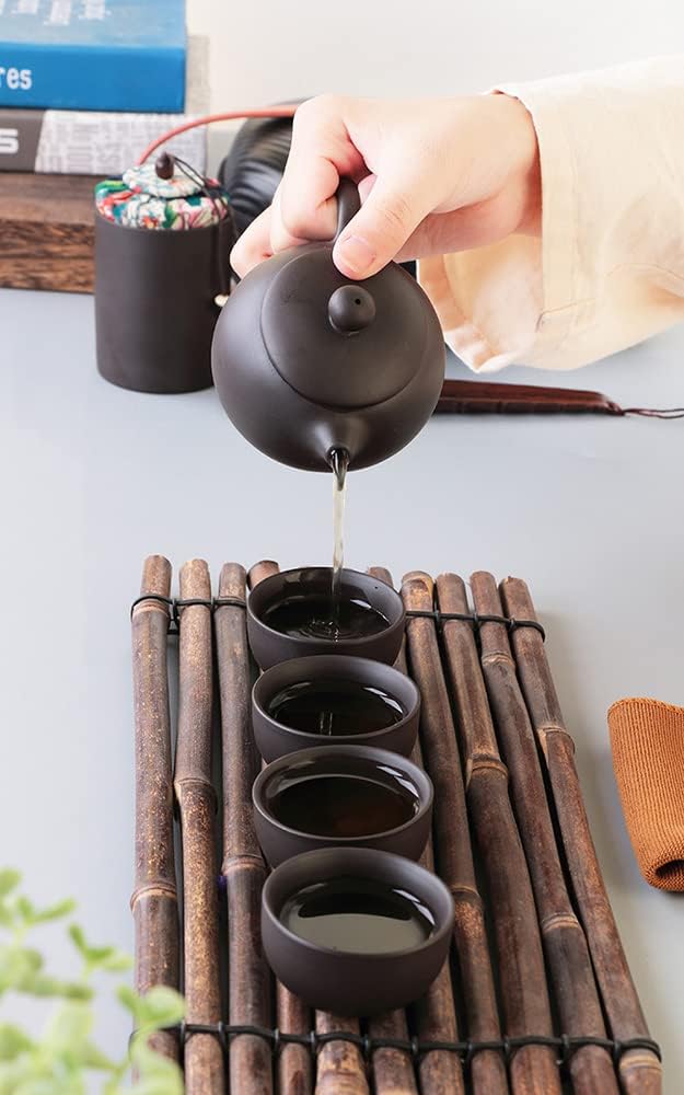 Tee Set 7-teilig Chinesisch Keramik Kleine Teeservice mit 130ml Teekanne und 4 Teebecher 30ml Tragba