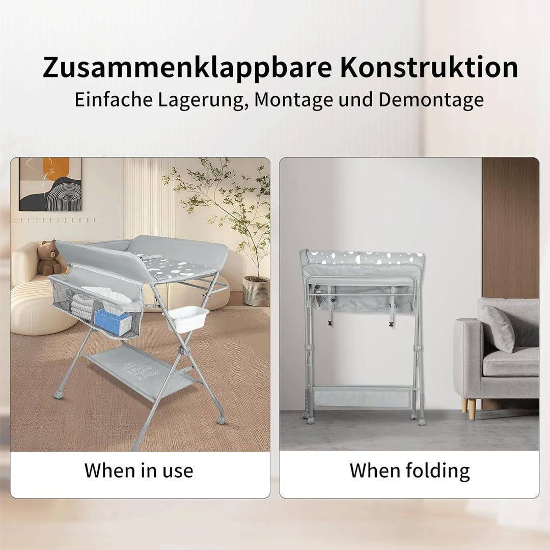 OHMG Baby Wickelkombi Klappbare Wickelkommode,Wickeltisch mit Rollen,Mobiler Wickeltisch mit Wickela
