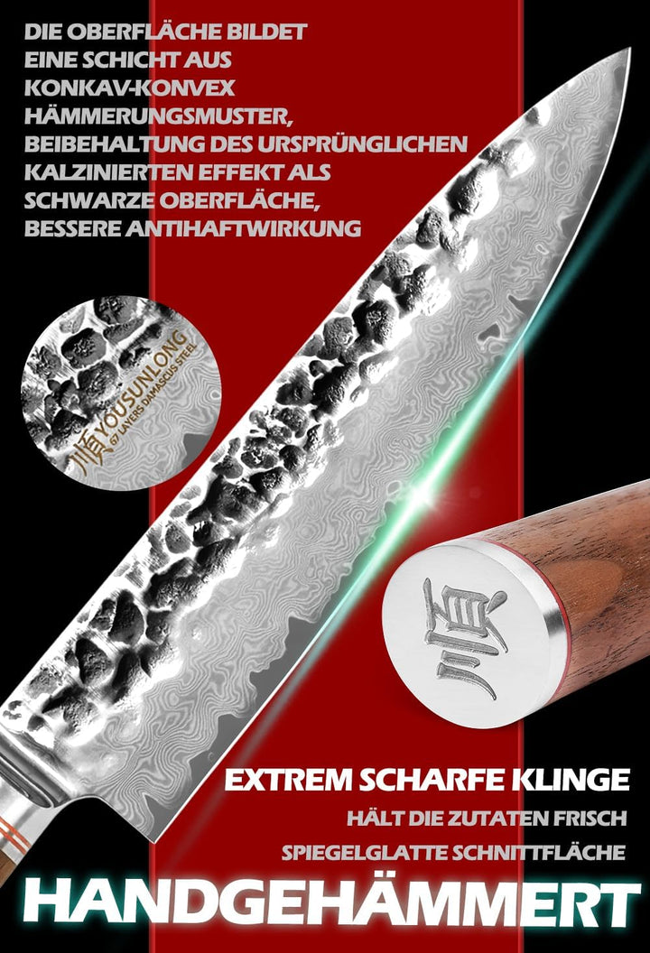 YOUSUNLONG Kochmesser - Japanisch gehämmerte Damaststahlklinge 203mm - Hochwertiges Profi Kochmesser