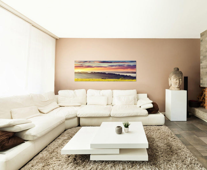 Paul Sinus Art Panoramabild auf Leinwand und Keilrahmen 150x50cm Ukraine Wald Wiesen Wolken Morgenso