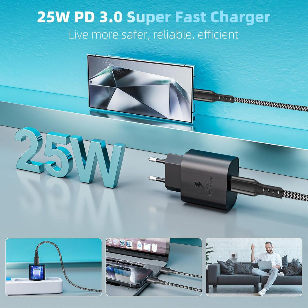 2er-Pack 25W USB C Ladegerät, Schnellladegerät Netzteil Super Fast Charger mit 2 m PD Schnellladekab