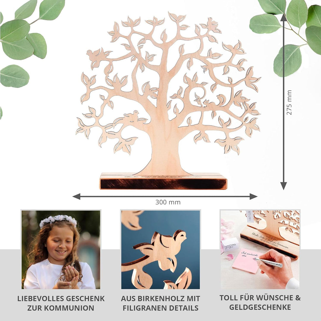 Holz Geldbaum mit Gravur, Kommunionsgeschenk, Lebensbaum Deko, DIY Verpackung für Geldgeschenke, Ges