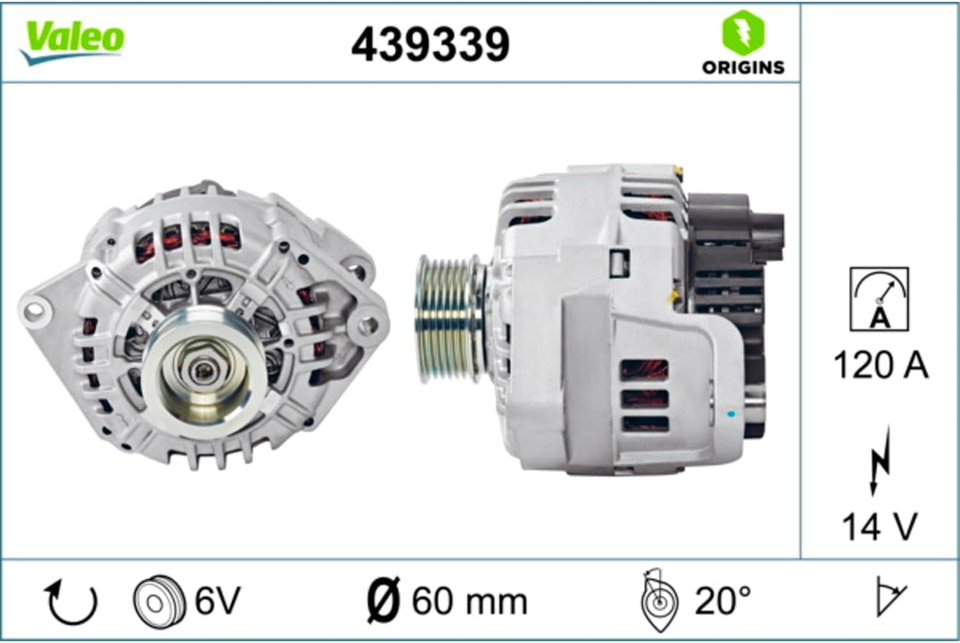 VALEO 439339 Generator Ladestrom des Generators: 120 Amp Rippen: 6 rippen Riemenscheibe Ø: 60 mm Spa