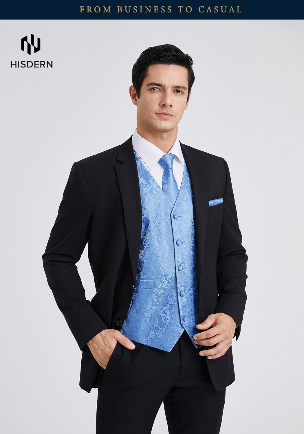 HISDERN Herren Weste Paisley Floral Jacquard Krawatte Einstecktuch Taschentuch Weste Anzug Set S Hel