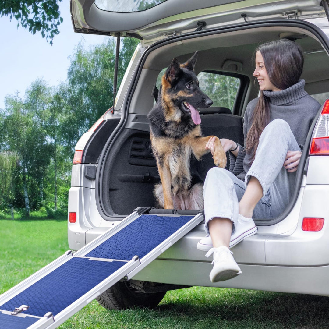 Hunderampe Auto Klappbar- Teleskop Alu Rampe für grosse Hunde - Stabile Hundetreppe Auto & SUV - rut
