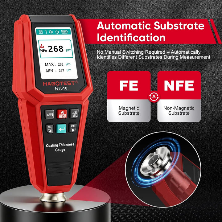 Lackschichtdickenmessgerät für Autos, Digitales Lackmessgerät mit Balkendiagramm, Fe/NFe-Sonde, 0-18