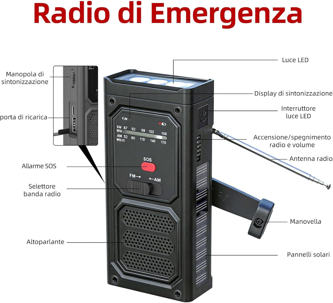 Notfall-Solarradio, Tragbare Kurbelradio mit SOS-Alarm, LED-Taschenlampe, AM/FM Notfallradio mit 200