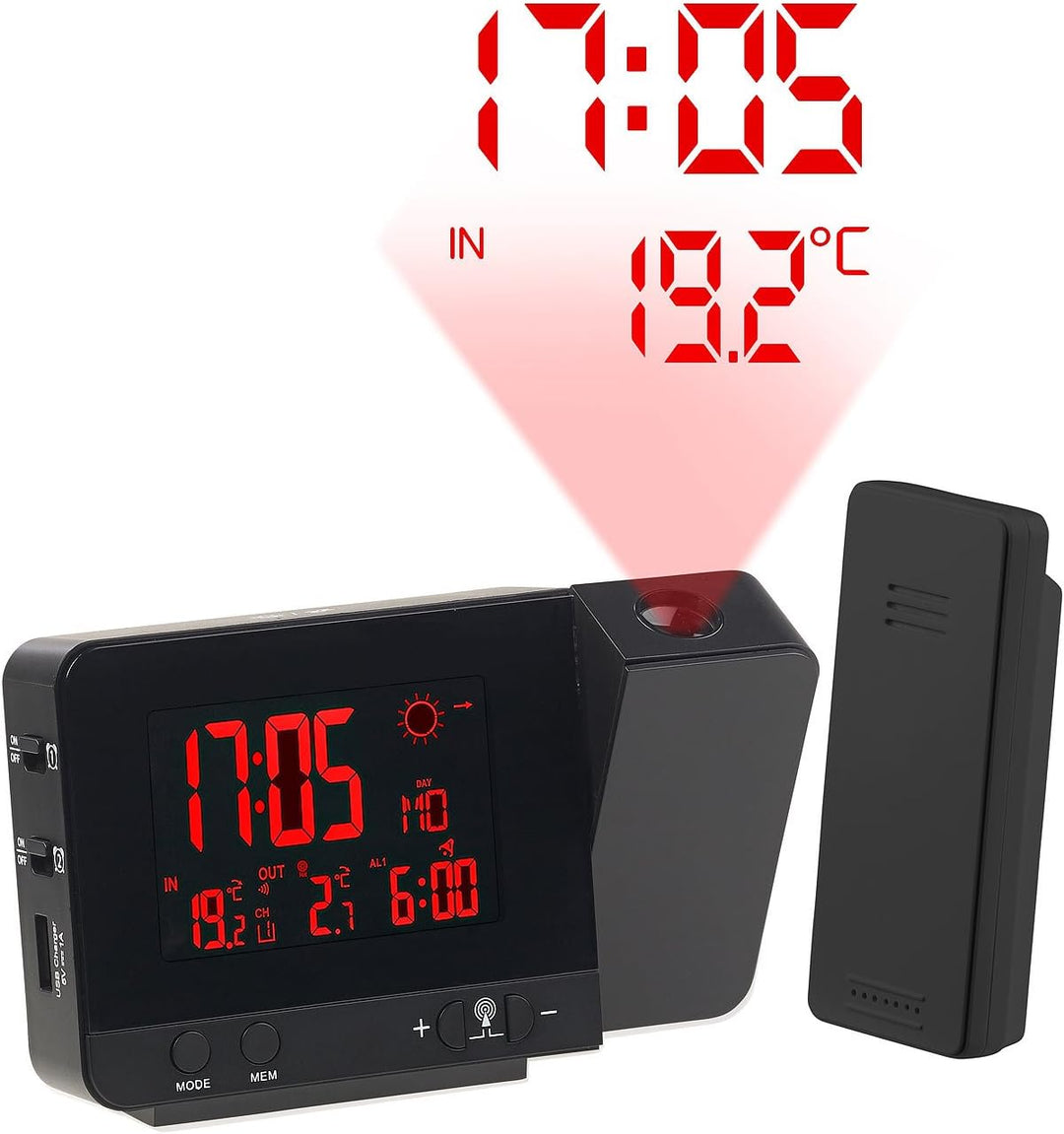infactory Funk Projektionswecker: Funk-Wetterstation mit Projektions-Wecker, Aussensensor & USB, sch