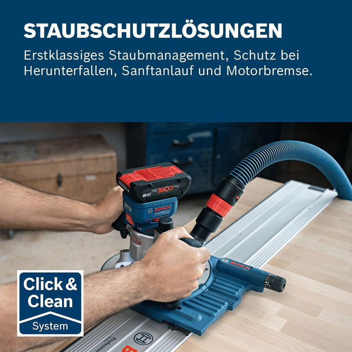 Bosch Professional 18V System Akku-Kantenfräse GKF 18V-8 (Parallelanschl., 2x Saugadapter Fr., Spans