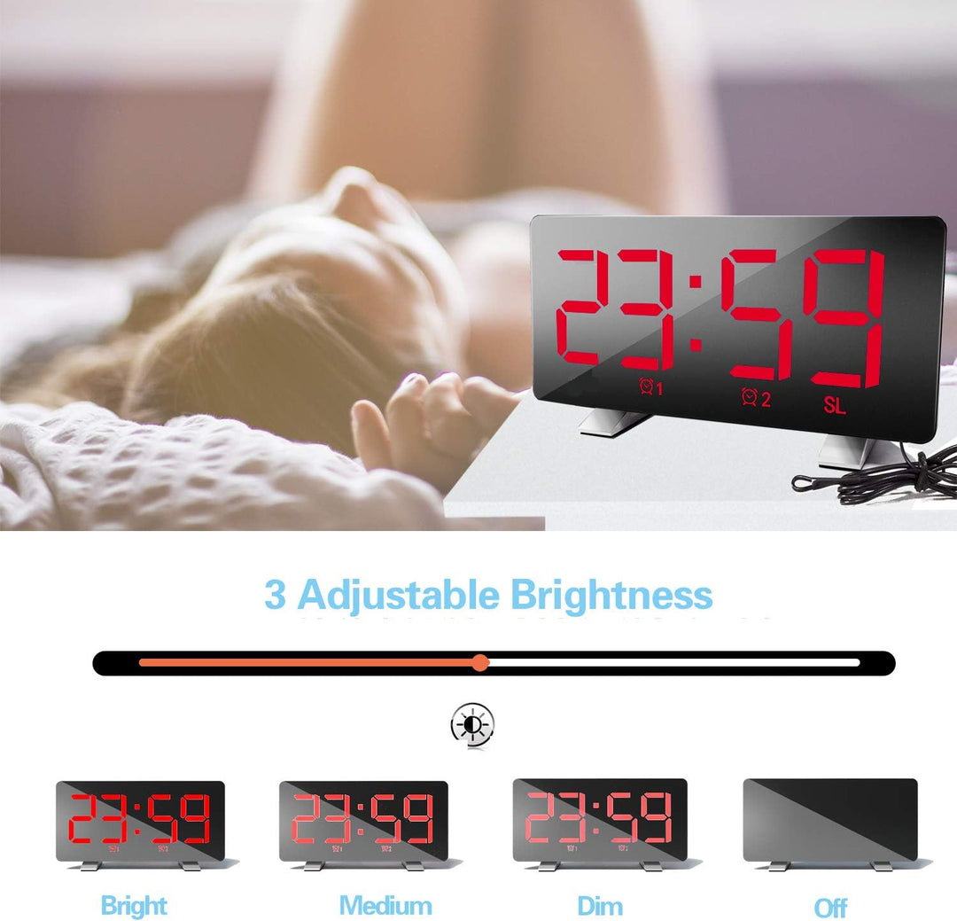 ThreeH Radio-Digitaluhr mit USB-Telefonladegerät 7,3'' LED Curved-Screen-Display mit Dimmer 2 Wecker