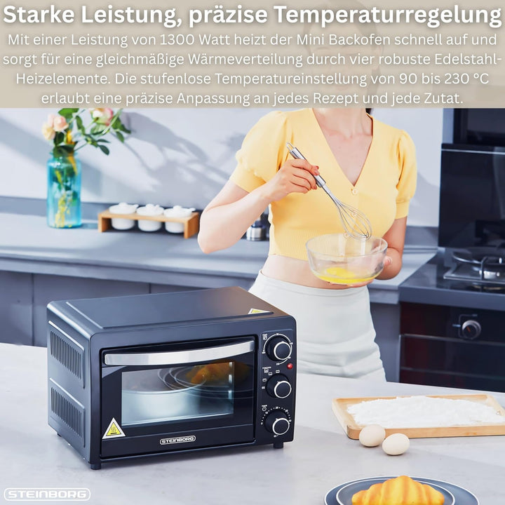 Mini Backofen 15 Liter | Pizzaofen | Minibackofen | 60 min Timer | 100°-230°C | 1200 Watt | Backofen