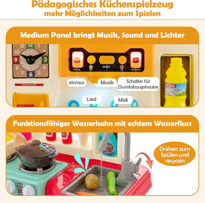 DREAMADE Kinderküche mit 38 TLG. Zubehör, Kinderspielküche mit Spülbecken Wasserhahn Herd Öfen, Spie
