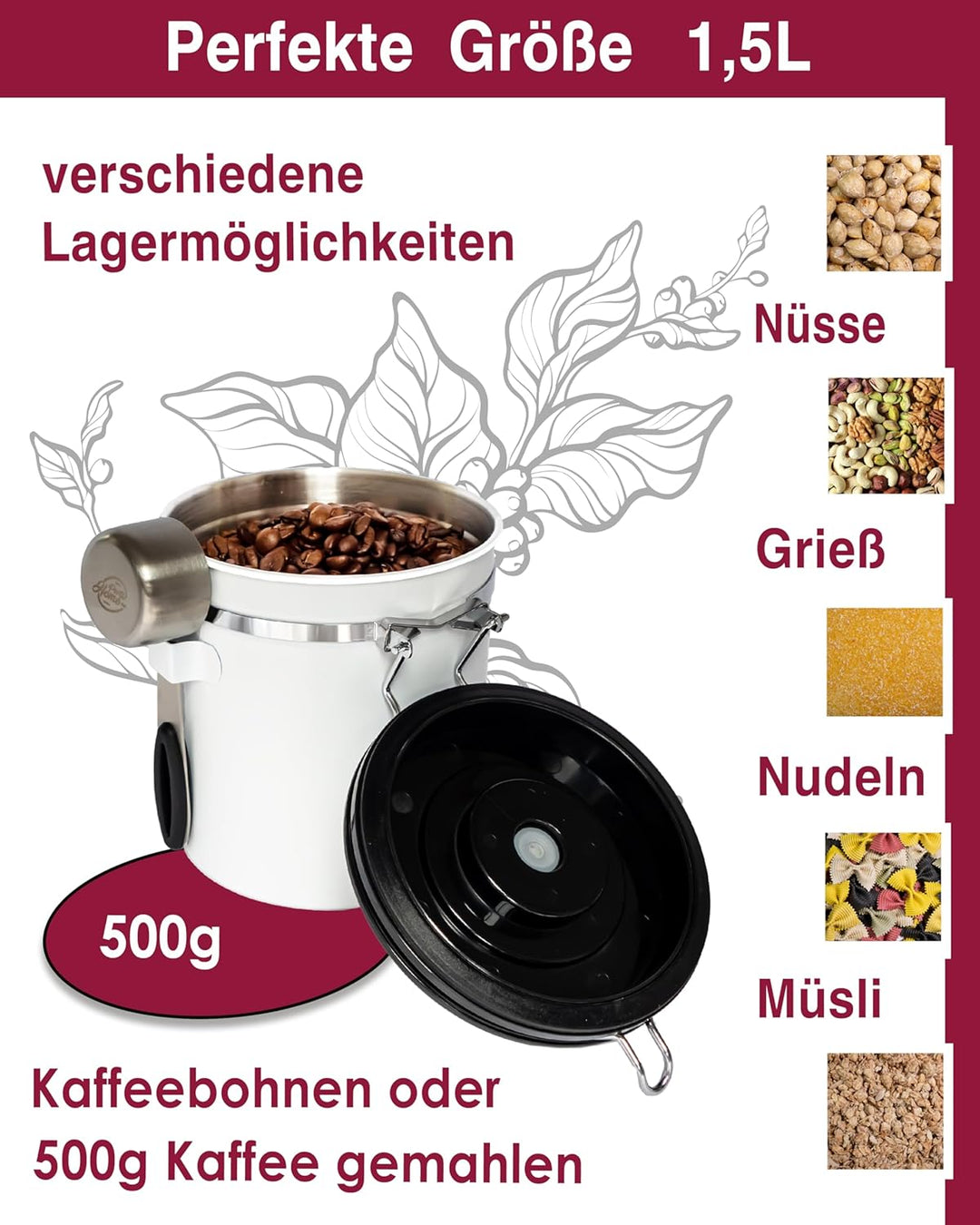 Kaffeedose luftdicht 500g - Weiss - Kaffeebohnen Vorratsbehälter 1,5L aus Edelstahl mit Kalenderfunk