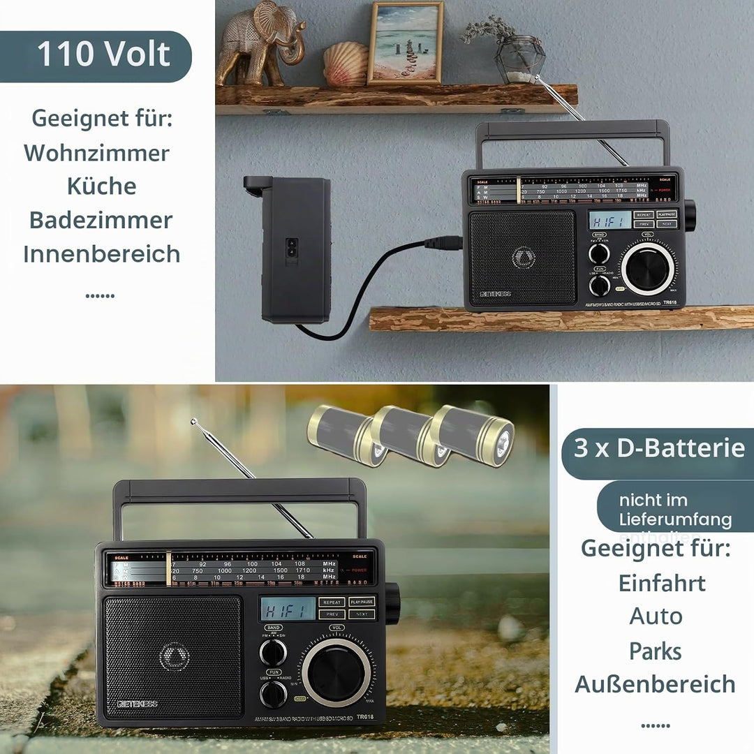 Retekess TR618 Tragbare Radio Batteriebetrieben, Kofferradio für Senioren, Weltempfänger AM FM SW, U