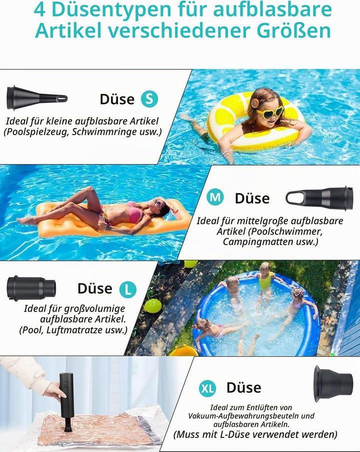 Kabellose Elektrische Luftpumpe mit 2×2000mAh Wiederaufladbarem Akku für Pool, Schlauchboot &amp; Luftma