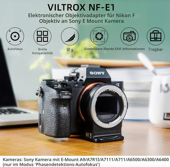 VILTROX NF-E1 Autofokus Objektivadapter,Objektiv Adapter Ring für Nikon F Bajonett Objektiv auf Sony