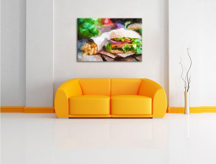 Pixxprint Burger und Pommes als Leinwandbild/Grösse: 100x70 cm/Wandbild/Kunstdruck/fertig bespannt,