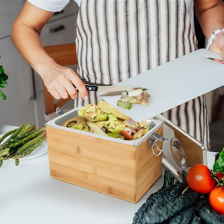 Komposteimer Küche, Edelstahl Biomülleimer Küche mit Deckel & Holzbox, Geruchsdicht, Spülmaschinenfe