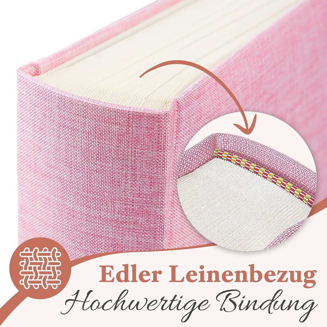 Fotoalbum zum Einkleben - Platz für 500 Fotos (100 Seiten oder 50 Blatt). Echtes leinen in rosa Foto