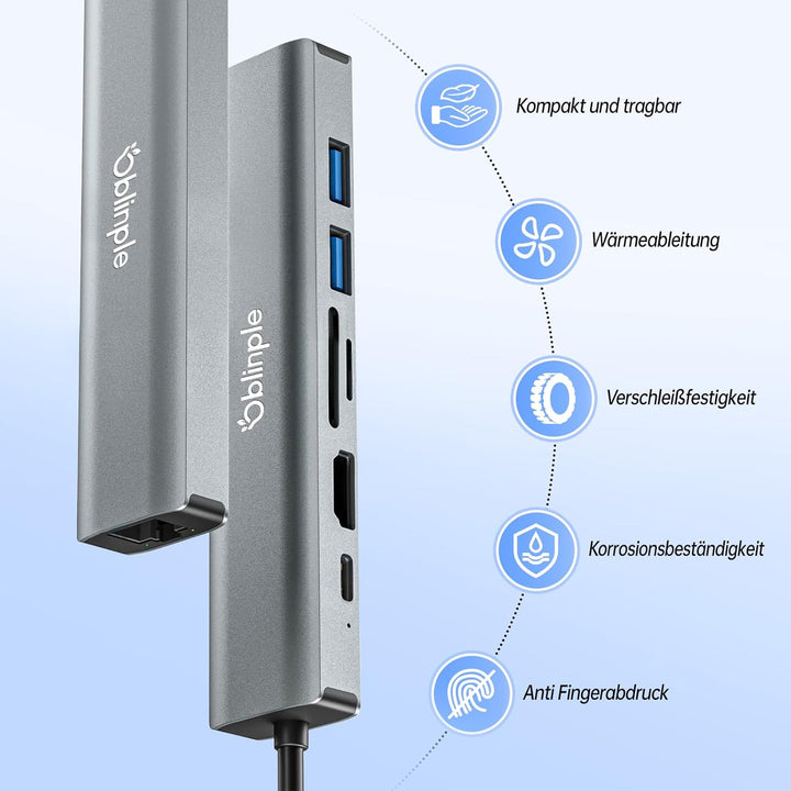 7 in 1 USB C Hub, Multiport Ethernet Adapter mit 4K HDMI, PD 100W, LAN RJ45, USB 3.0 5Gbps, USB 2.0