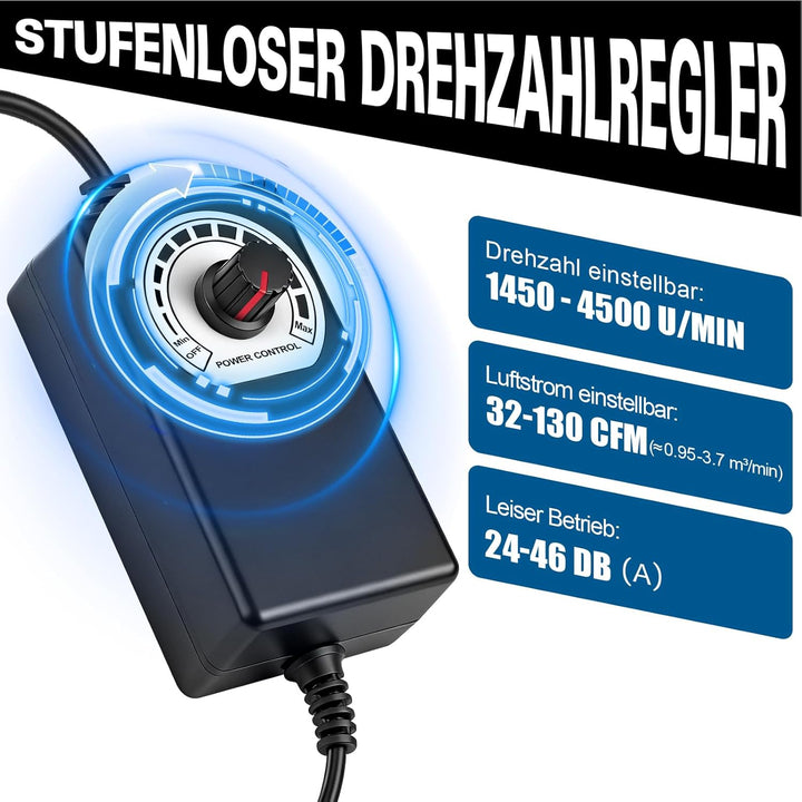 Regelbar Rohrventilator 100mm, 222 m³/h Rohrlüfter Inline Abluftventilator mit Drehzahlregler, EC Mo