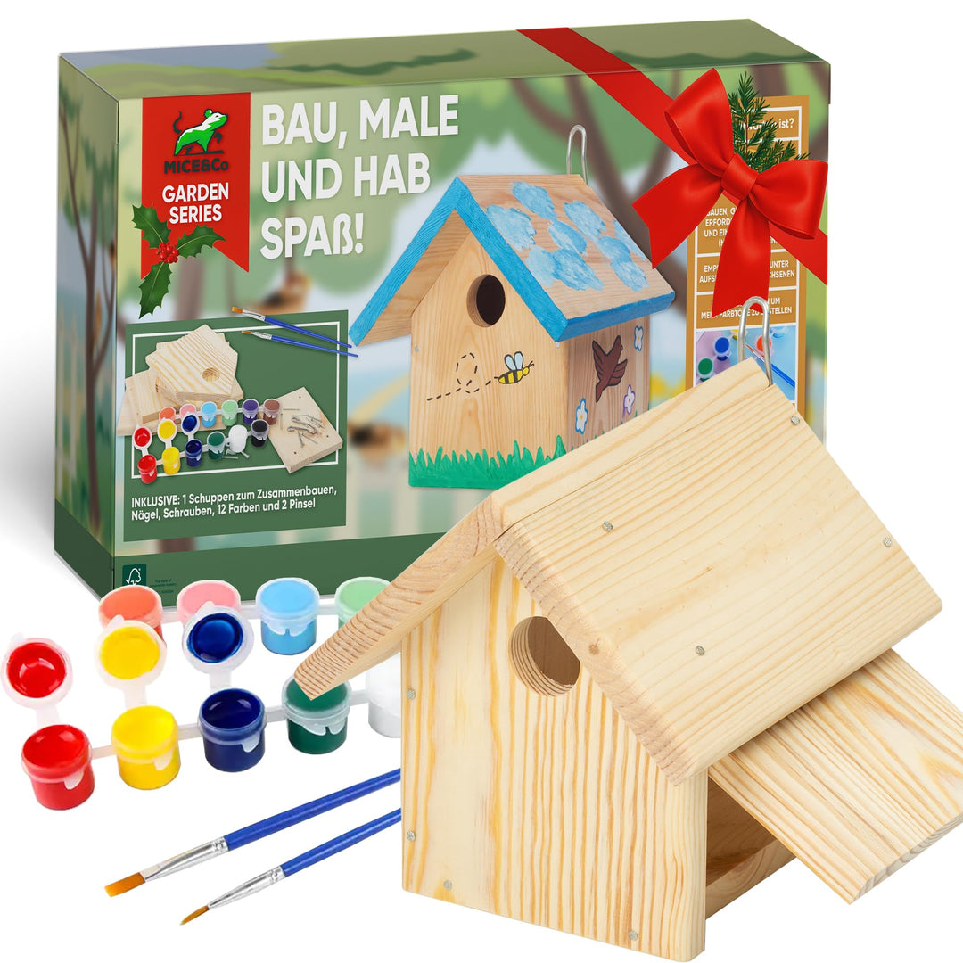 Mice&amp;Co DIY Vogelhaus - Holzvogelhaus zum Bemalen, Nistkasten Bausatz, Montagekit mit Farben, Aussen