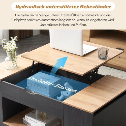 Merax Höhenverstellbarer Couchtisch mit Holzmaserung, Grauer Korpus &amp; Geheime Stauräume, 109cm Kaffe