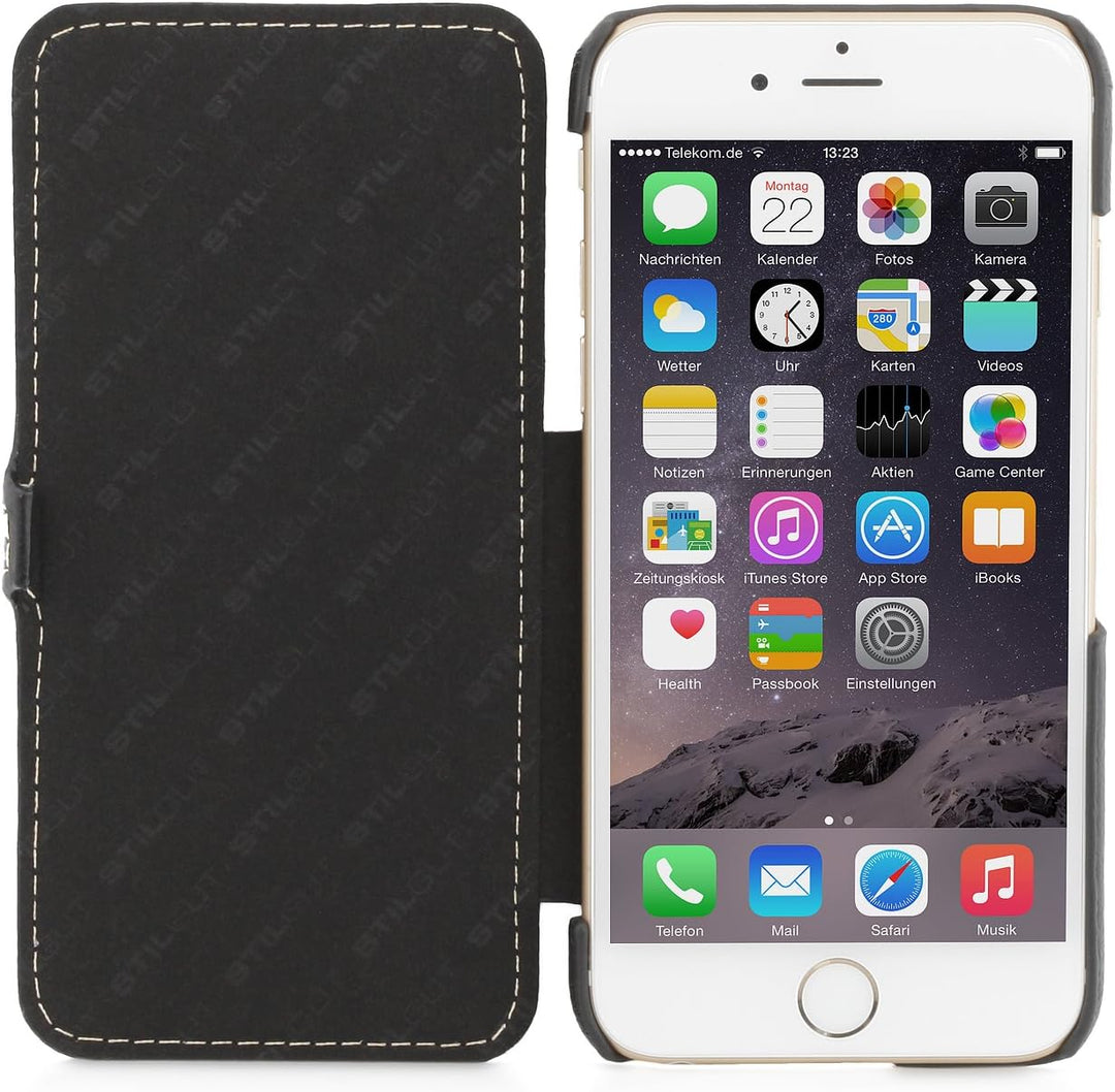 STILGUT Leder-Hülle kompatibel mit iPhone 6 Book Type mit Standfunktion, schwarz, Schwarz