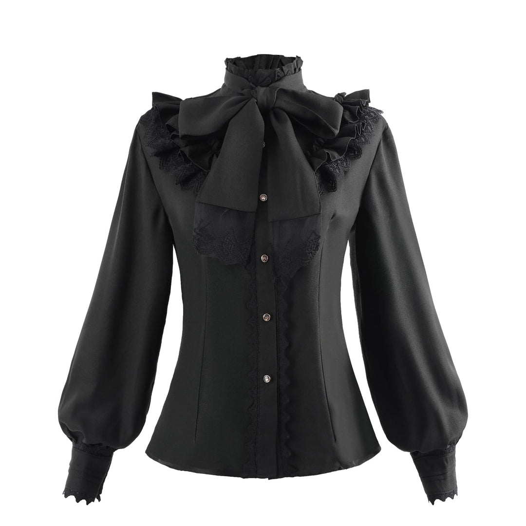 Fiamll Damen Viktorianisch Bluse Vintage Schleifenhemd Stehkragen mit Rüschen Langarmshirt Mittelalt