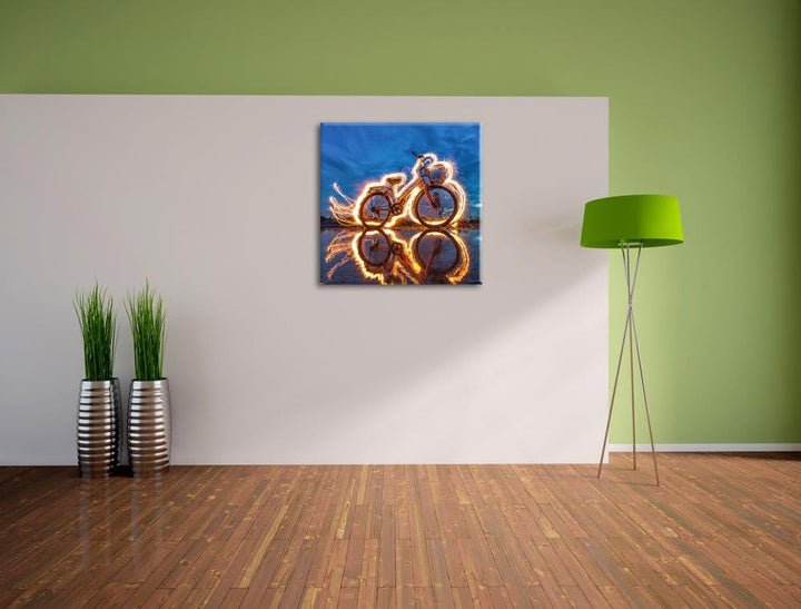 Pixxprint Burning Bike brennendes Fahrrad 70x70cm Leinwandbild Wandbild Kunstdruck, 70x70