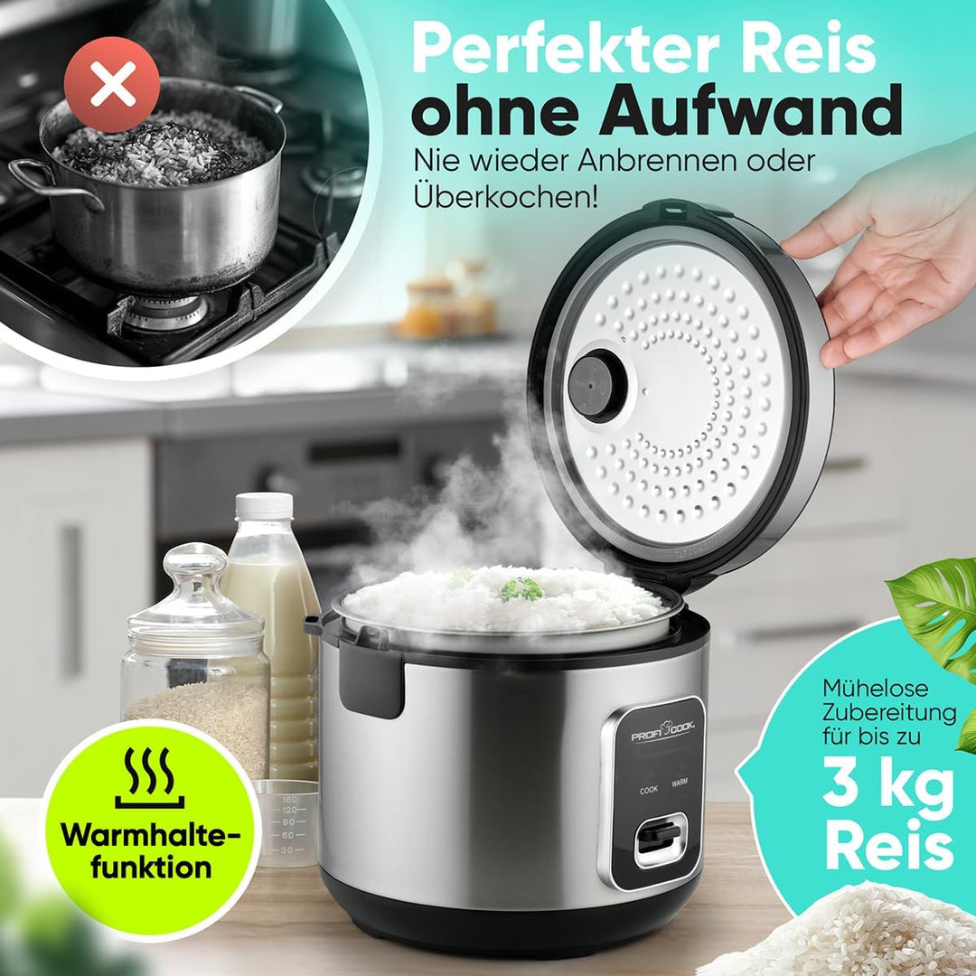 ProfiCook® Reiskocher für 3kg Reis | schnelle Zubereitung ohne Anbrennen | Warmhaltefunktion | inkl.