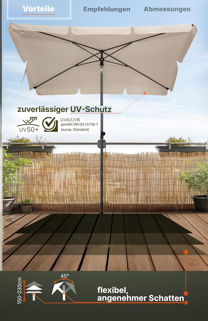 4smile Sonnenschirm Balkon mit Kurbel, mit Schutzhülle, Sonnenschirm rechteckig 200x125 cm, Sonnensc
