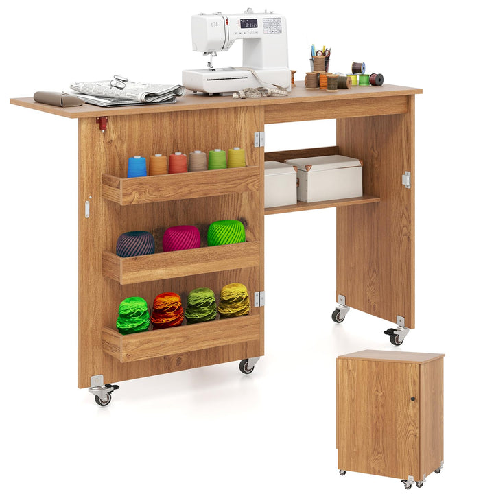 COSTWAY 2 in 1 Nähtisch klappbar, Nähmaschinenschrank aus Holz mit Regalen & Ablagefach, Nähschrank