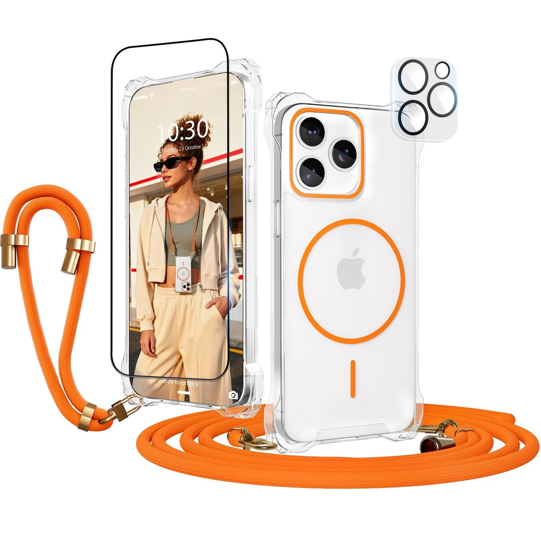 Handyband Abnehmbar für iPhone 13 Pro Max Hülle mit Band, Orange Langes Band zum Umhängen &amp; Kurzkord