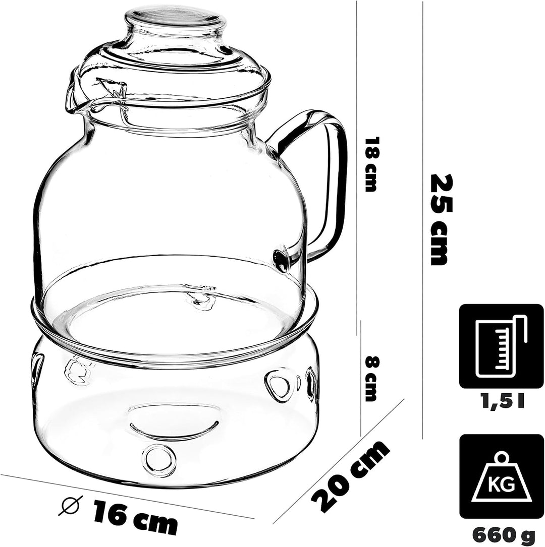 KADAX Teekanne 1.5L mit Stövchen Set, Glasteekanne mit Teewärmer und Deckel, Glaskanne ohne Siebeins