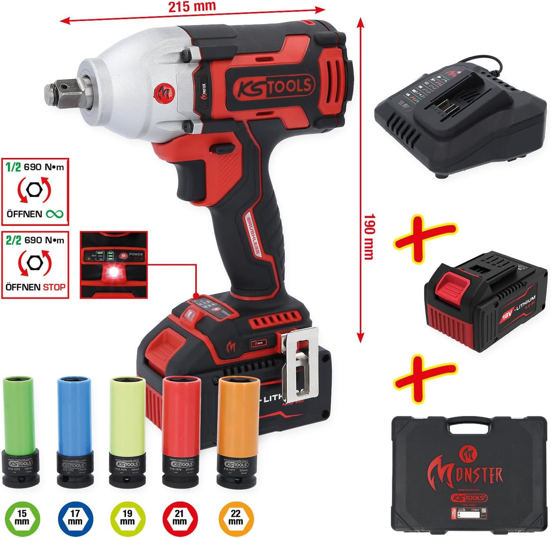 KS Tools 515.6100 eMONSTER 1/2“ Brushless-Akku-Schlag-Schrauber-Satz, 9-tlg