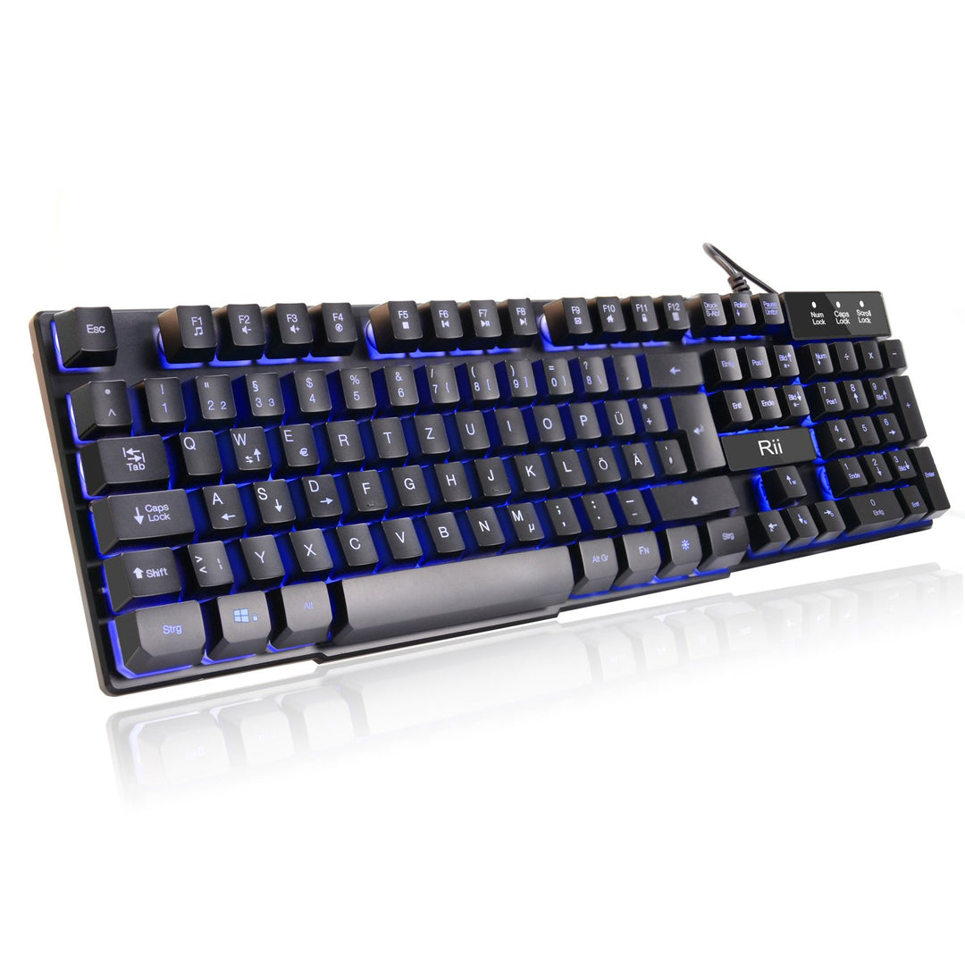 Rii RK100 Gaming Tastatur (105 Tasten, 3 Farben LED-Hintergrundbeleuchtung, QWERTZ Layout) Schwarz