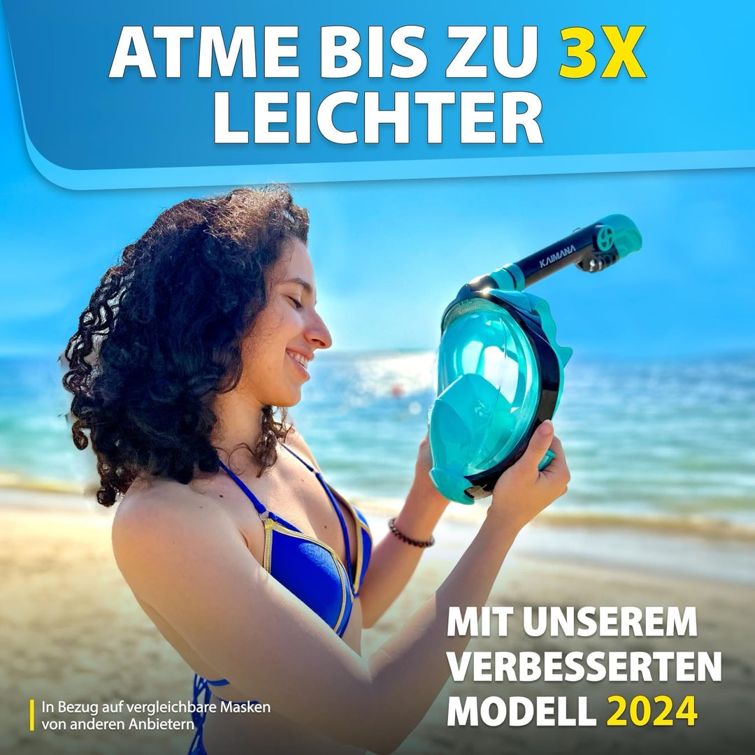 Die Preisgekrönte KAIMANA® Schnorchelmaske Kinder & Erwachsene - absolut CO₂ sicher - inkl. Tragetas