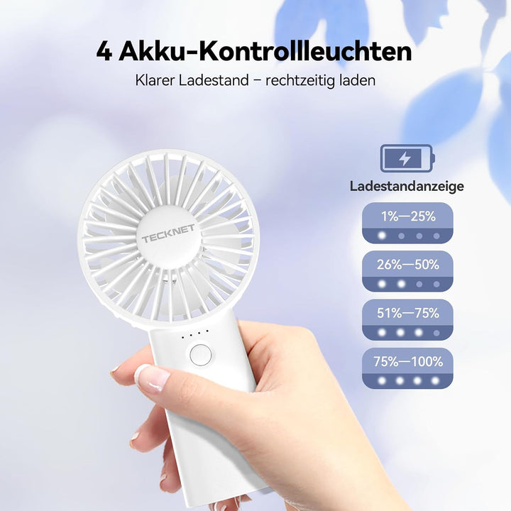 TECKNET Handventilator Tragbarer, 5000mAh Handventilator Akku Aufladbar, Mini handventilator mit LED