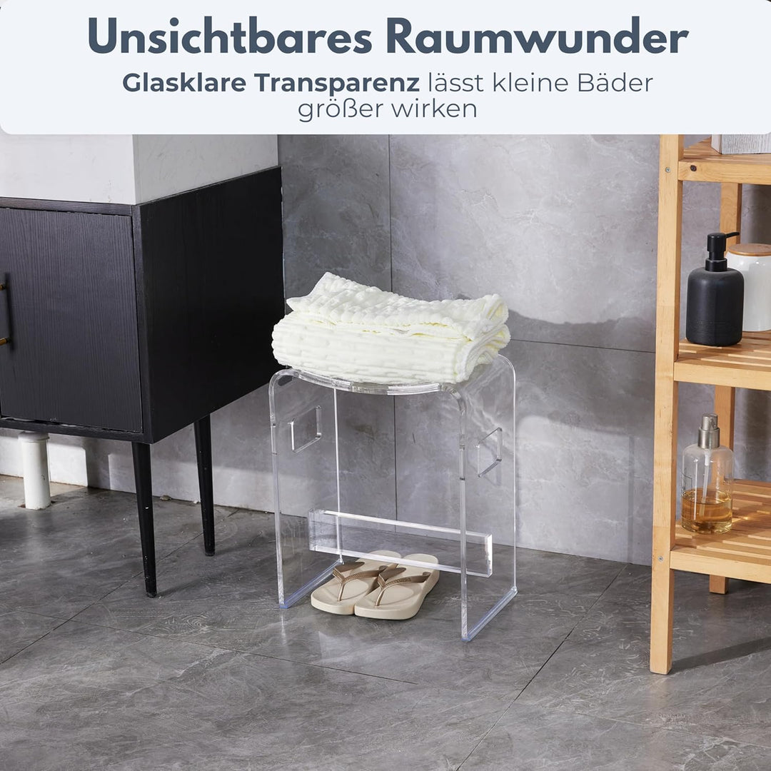 StarK Duschhocker aus klarem Acryl - 43 cm hoch - U-Form mit Ablauf-Schlitzen - rutschfest & rostfre
