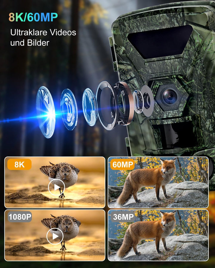 Wildkamera, 8K Wildtierkamera WLAN mit 32G Speicherkarte 60MP Wildcamera mit Handyübertragung APP, B