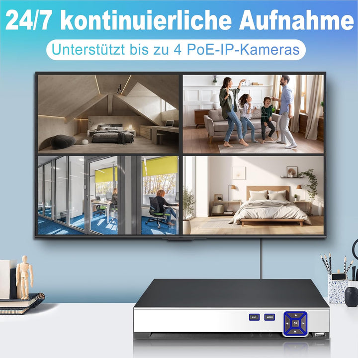 4K Überwachungskamera Aussen Set, 4CH POE mit 1TB HDD, Netzwerk Videorecorder für CCTV Kamerasystem