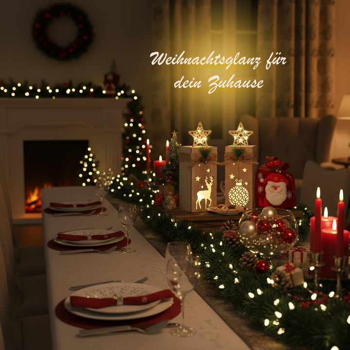 Holz Weihnachtsdeko mit LED Licht I 2er Set beleuchtete Holzdeko Weihnachten mit Elch &amp; Stern I Weih